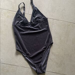 Gray Purple Velvet Bodysuit From Down Under - Petite Small - NWOT - Ribbed